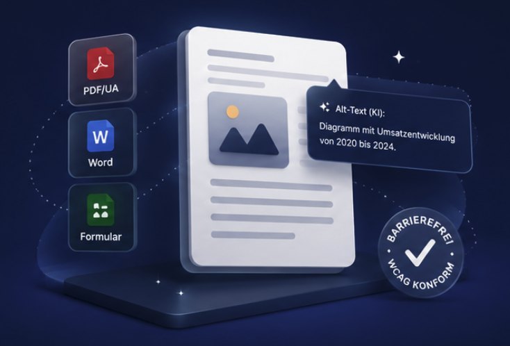 Illustration: Ein Dokument mit Bildplatzhalter bekommt automatisch einen KI-Alt-Text; links drei Kacheln für PDF/UA, Word und Formular, rechts unten ein Siegel „Barrierefrei, WCAG konform“.